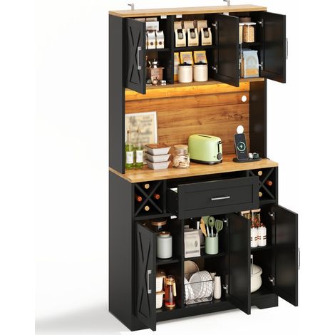 CHICFURN Credenza alta da cucina 105 x 40 x 180 cm in MDF naturale e nero con LED e portabottiglie (1/5)
