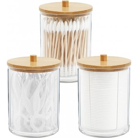 BEBUSINGOTO Un ensemble de 3 supports en acrylique avec couvercle de salle de bain en bambou, pot, coton-tige et coussin de rangement de salle de bain (transparent) (1/5)