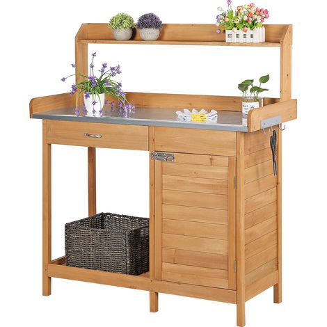 Yaheetech Tavolo Lavoro da Giardino per Piante in Legno Naturale con Ripiano Spazioso Cassetto e Armadietto Banco per Giardinaggio 112 x 46,5 x 125 cm Marrone (1/5)