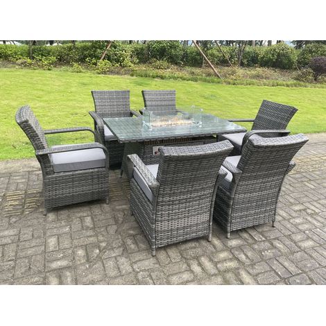 Fimous Rattan Garden Furniture Gas Fire Pit Rectangle Dining Table Gas Heater And Dining Chairs 6 Seater
