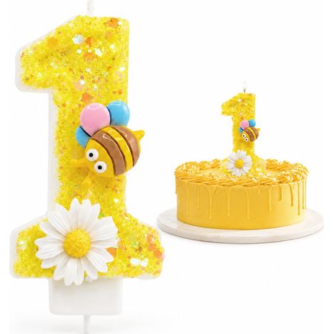 Bougie chiffre 1 - Bougie d'anniversaire jaune pailletée avec abeille et marguerites - Décoration de gâteau pour fille - 1er anniversaire - Abeille de miel - Décoration de gâteau (1/5)