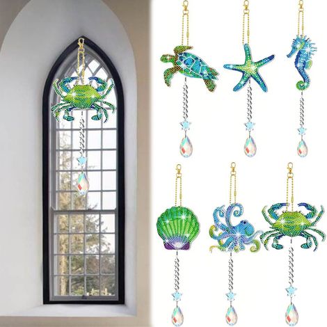 6PCS Kit Perlage Diamant Mobile Carillon Océan Animaux Marin 5D Double Face Suspension Décor Cristal Pendentif pour Adultes Enfants Fenêtre Jardin Maison (1/5)