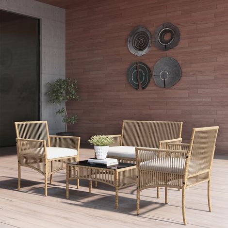 Conjunto de muebles de jardín de 4 piezas: sofá de 2 plazas, 2 sillones, 1 mesa de centro con tablero de cristal templado.