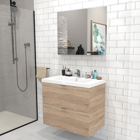 Le Quai Des Affaires – Meuble sous-vasque 2 tiroirs 80 cm – Vasque en résine blanc brillant – Miroir L80 x H70 cm – Décor chêne blanchi – Coulisses amorties