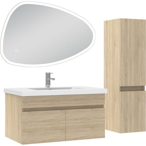 Acezanble meubles simple vasque 80cm vasque + colonne + miroir 3 couleurs LED Chêne Wotan (1/5)