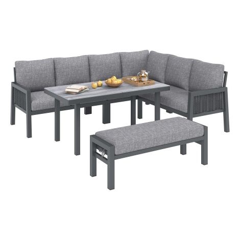Gartenmöbel Set 8 Personen Grau, Gartenmöbel Ecklounge mit Glastisch, Outdoor Essgruppe mit Bank und Sofa, 235 x 184 x 77,5 cm