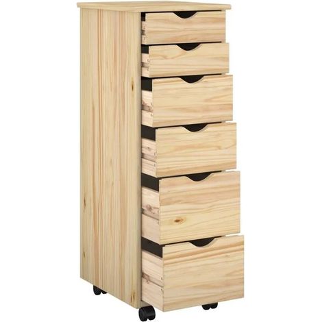 Meuble de Rangement sur Roulettes en Bois Massif Pin, 34 x 39 x 93,5 cm, Armoire de Stockage Mobile avec Étagères pour Cuisine Salle de Bain Bureau, Couleur Marron (1/5)