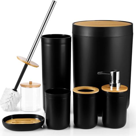 Lot de 7 accessoires de salle de bain en bambou, accessoires de salle de bain en plastique, porte-brosse à dents, gobelet, brosse de toilette, poubelle, distributeur de savon (noir) (1/5)