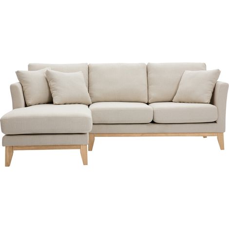 Sofá nórdico con chaise longue a la izquierda en tela beige desenfundable con madera clara 3-4 plazas OSLO (1/5)
