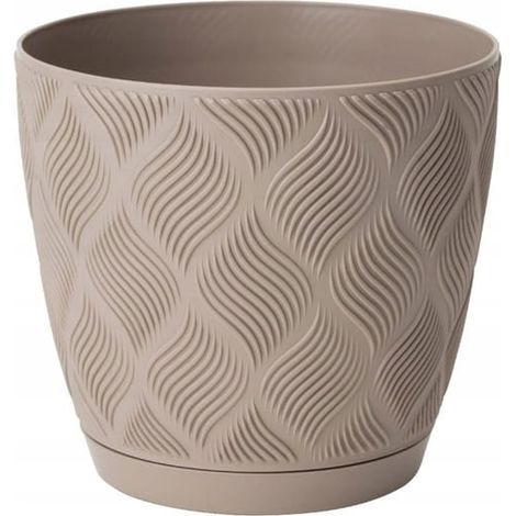 Beigefarbener Blumentopf 11,8 x 12,8 cm aus umweltfreundlichem Kunststoff mit Untersetzer Flow Petit