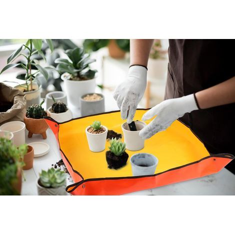 Tapis de rempotage pour plantes d'intérieur, orange, respectueux de l'environnement, en polyéthylène, 33 x 33 cm, épais, imperméable, portable (1/5)