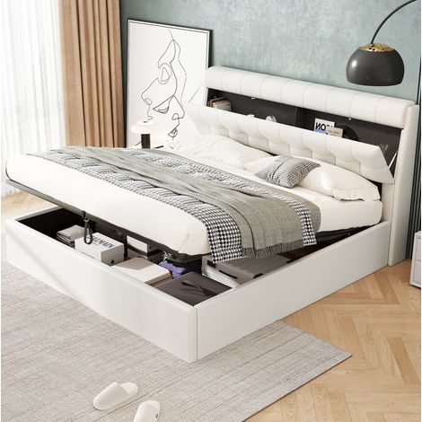 MEUBLIV lit 160x200 cm blanc – tête de lit et rangement hydraulique sans matelas (1/5)