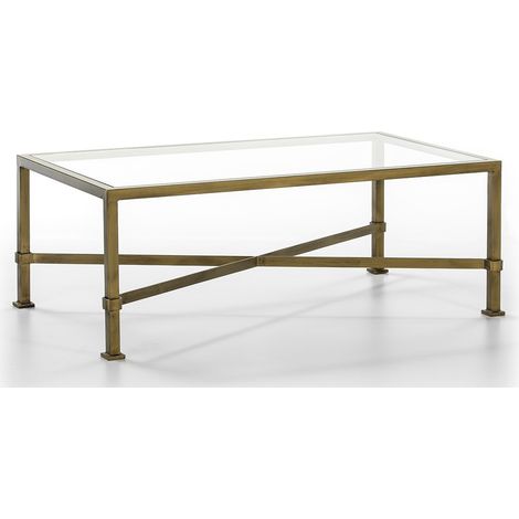 Table basse verre trempé et pieds métal doré vieilli 120cm