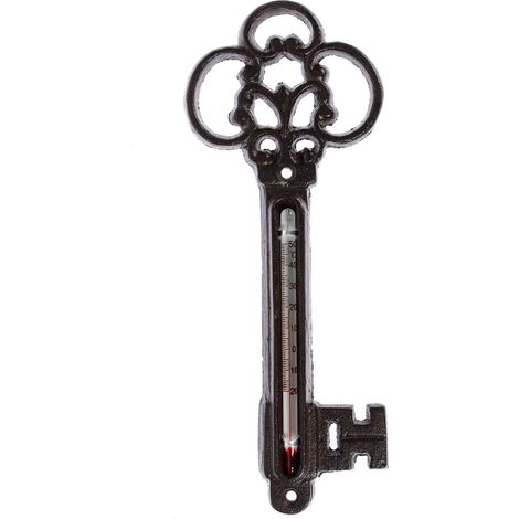 HOMESCAPES Brown Wall Mounted Cast Iron Decorative Key Thermometer (1/3)