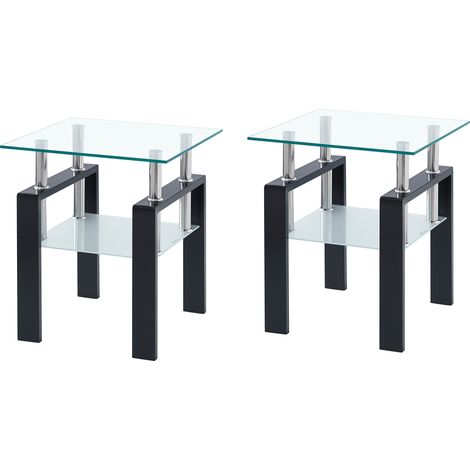 Lot de 2 tables basses en verre trempé transparent 45 x 45 x 52 cm avec pieds noirs (1/5)