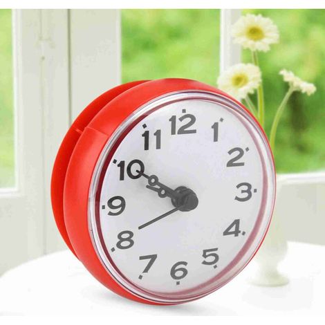 Bathroom Clock, Round Wall Clock, Mini Shower Clock, Bathroom, Kitchen, Living Room, Bedroom, Waterproof Suction Cup Clock (Batteries Not Included) (Red) (1/5)