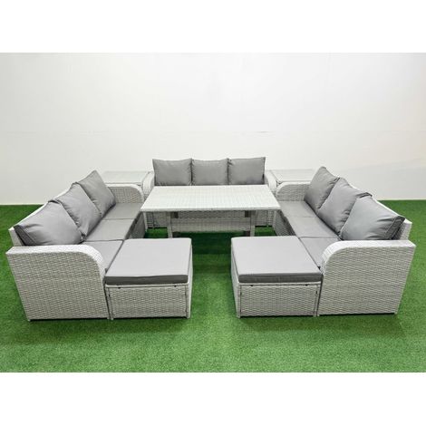 Fimous PE Rattan Lounge Sofa Set 11 Seater Outdoor Garden Furniture Set with Rectangular Dining Table 3 Seater Sofa 2 Big Footstools 2 Side Table Light Grey (1/4)