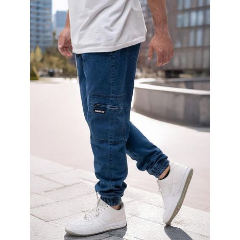 Jeans cargo jogger da uomo Jigga Wear a righe blu con zip, taglia M (1/5)