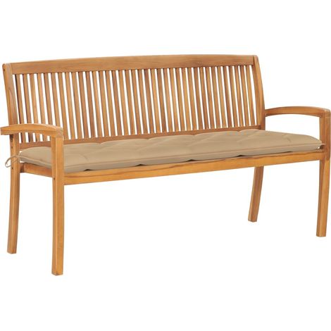 Banc de jardin meuble de patio d'extérieur terrasse empilable et coussin 159 cm bois de teck massif (1/5)
