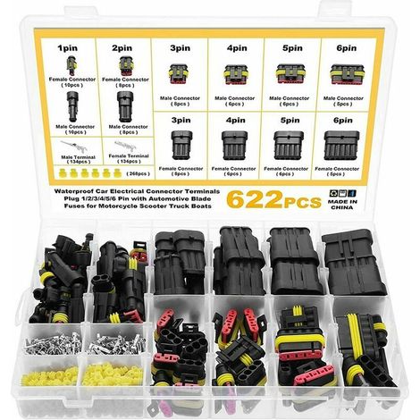 622 Pièces Imperméable à l'eau Connecteurs, Connecteurs Étanches pour Voiture à 1/2/3/4/5/6 Broches mâle/femelle avec fusibles à lame automobile pour Bateaux Camion Scooter Moto, 23-16AWG (1/5)