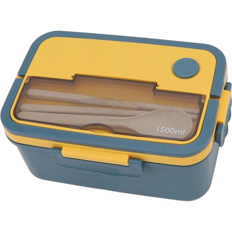 Boîte à lunch de 1500 ml en plastique résistant à la chaleur, type bento, avec baguettes et cuillère, idéale pour les étudiants (bleu). (1/5)