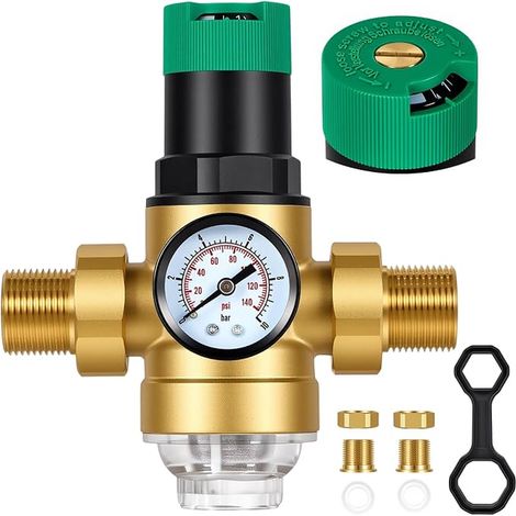3/4 Pouce Reducteur de Pression Eau, Limiteur de Pression en Laiton Épaissi avec Manomètre et Filtre à Mailles, Régulateur d’Eau pour Maison, Bâtiment, Usine, Jardin, Chauffage Gaz (1/5)