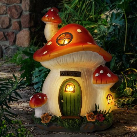 Estatua de jardín con forma de seta, alimentada por energía solar, fabricada en resina, 22,5 x 18 cm, luz cálida, resistente a la intemperie (blanca).