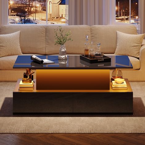Table basse moderne noire brillante avec éclairage LED et 4 tiroirs - Meuble d'appoint élégant 90x55x41 cm, rangement pour 30 kg (1/5)