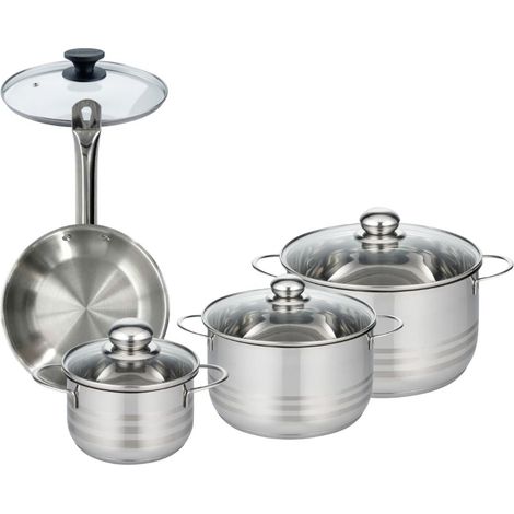 Set 1 poêle 20 cm en inox et 1 couvercle verre, 3 faitouts inox 16, 20 et 24 cm Fackelmann Eterna (1/5)