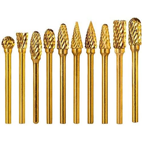 Lot de 10 fraises rotatives en carbure de titane à double coupe - Tige de 3 mm - Tête de 6 mm - En carbure de tungstène massif - Pour meuleuse à matrice, sculpture sur métal, polissage (1/4)