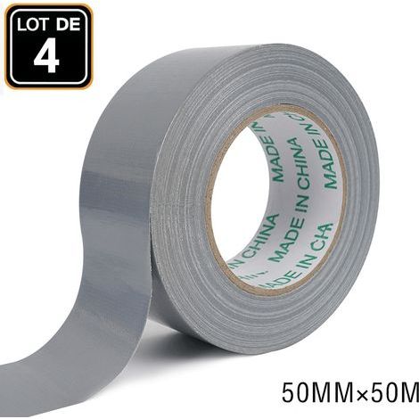 Lot de 4 rouleaux de ruban adhésif blindé argenté – 50 mm x 50 m – Adhésif puissant – Ruban pour tapis imperméable et coupe-vent Couleur : gris argenté – Ruban (1/5)