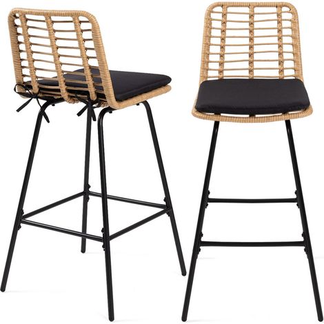 Idmarket – Lot de 2 tabourets de bar – Hauteur d'assise 75 cm – Assise en cordage plastique effet rotin – Pied en métal noir – Style bohème chic