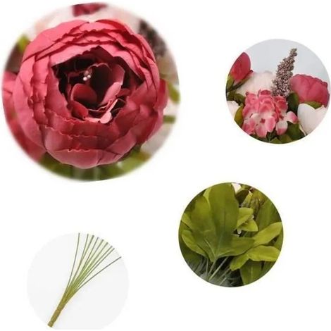 Bouquet de pivoines artificielles en soie, rose foncé, 13 tiges, 6 fleurs, 50 cm de hauteur (1/4)