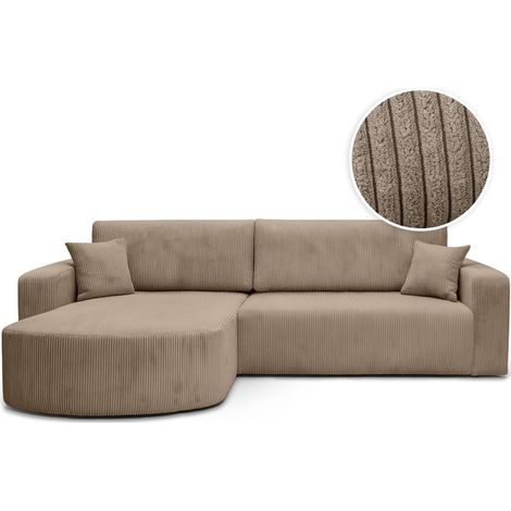 Loungitude – Canapé convertible d'angle réversible 4 places en velours côtelé – Coffre de rangement intégré – Méridienne arrondie – Taupe (1/5)