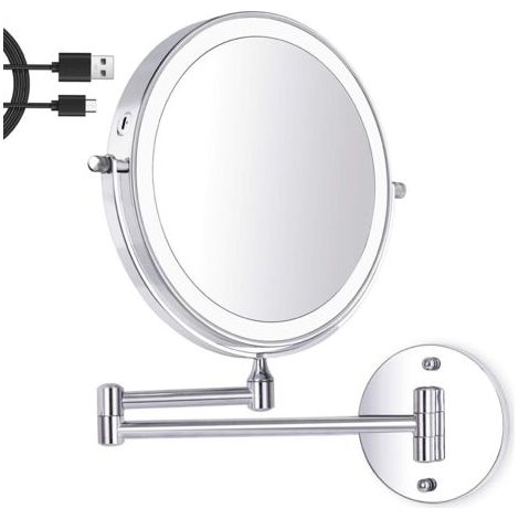 8 Pouces LED Miroir Maquillage Mural, Miroir Grossissant Lumineux, 1X/7X Grossissement 3 Couleurs de Lumière Réglables Charge USB, 360° Pivotant Extensible, pour Salles de Bain et Famille