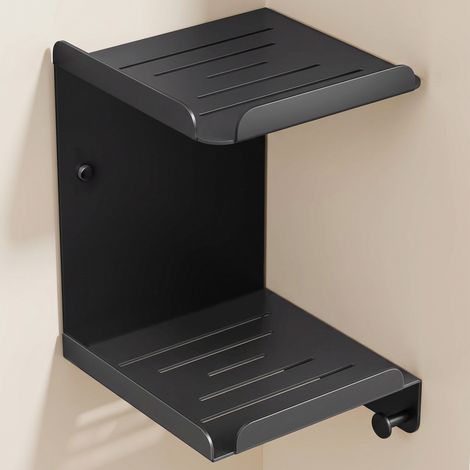 doporro Duschablage ohne Bohren, Duschregal mit 2 Etagen und 3 Haken, Badregal als Wandregal aus Metall, Badezimmer Organizer zum Kleben oder Bohren,Wandregal Schwarz, Reglo-14 (1/5)
