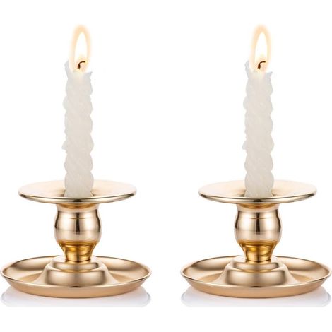 Bougeoir en Laiton Doré de 2 Pièces en Métal Chamberstick Convient Aux Chandelles, Chandeliers, Bougies Chauffe-Plats et Bougies Pilier - pour Présentoir de Fenêtre et Manteau