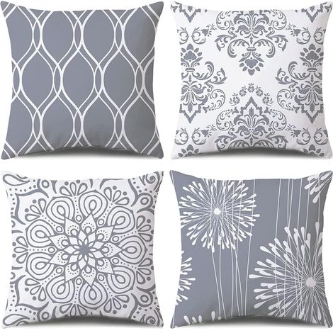 BEBUSINGOTO Lot de 4 housses de coussin décoratives, gris et blanc, modernes et simples, carrées (gris et blanc, 45,7 x 45,7 cm) (1/5)