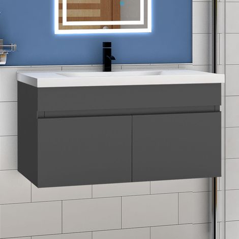 Ocean 79,5(L)x45(W)x40(H)cm meuble Salle de Bain anthracite 2 portes avec une vasque à suspendre pour un gain d'espace optimal avec un maximum d'espace intérieure. (1/5)