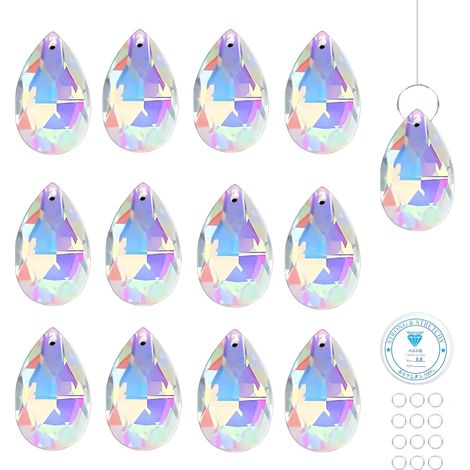 Set of 12 crystal suncatchers - 50 mm - Hanging crystal - With 12 metal rings - Teardrop shape - For windows, chandeliers, gardens, wedding decorations (1/5)