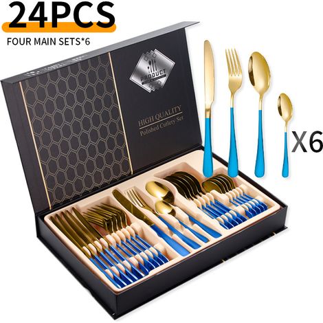 Ménagère 24 pièces en acier inoxydable – pour 6 personnes – acier inoxydable – bleu/or (1/3)