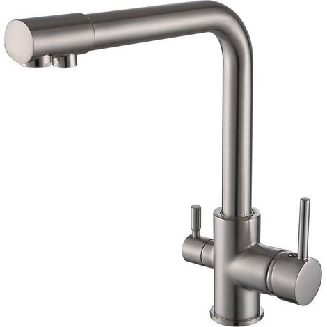 Robinet d'évier 2 leviers orientable 360° mitigeur de cuisine, eau filtrée potable, alimentation eau froide et chaude, finition nickel brossé (1/4)