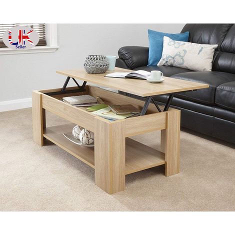 Oak Finish Wooden Lift Up Coffee Table Living Room Furniture With Extra Space