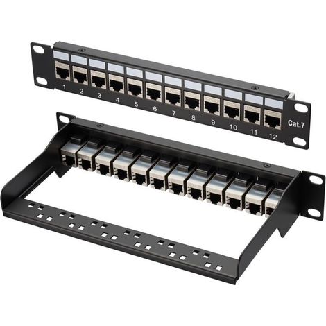 Panneau de brassage Cat 7, 1U 12 ports, panneau de brassage Keystone 10 pouces, panneau de distribution LSA, coupleur Keystone blindé RJ45, compatible avec les câbles réseau Cat 7/6A/6/5e et Cat5, pou (1/5)