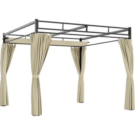 Pergola de jardin 3x3m avec toit rétractable et rideaux de protection UV30+, structure métallique pour terrasse, beige