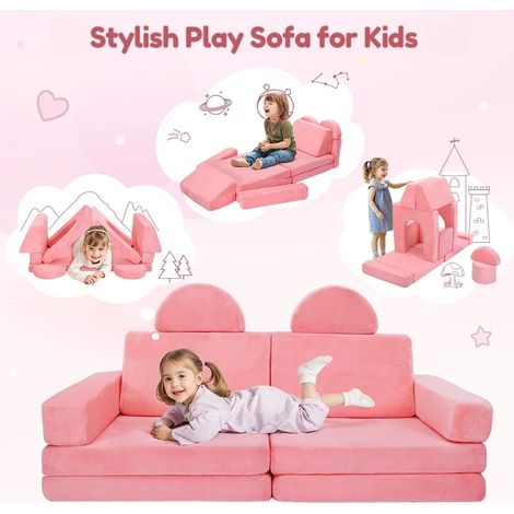 Canapé Enfants 14 Pièces avec Combinaisons Multiples, Fauteuil Enfant Convertible en flanelle, avec Housse Amovible & Lavable pour Garçon et Fille de 12 Mois+(Rose)