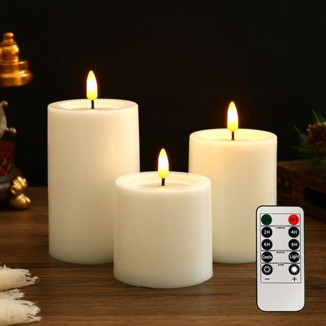 Pack extérieur de 3 bougies LED étanches sans flamme avec télécommande, fonction minuterie de cycle, huile de cire à piles vacillante en plastique (ivoire, 7,5 cm x 10, 12,5, 15, 17,5 (1/5)