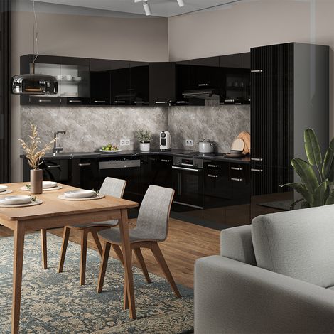 Cuisine en angle R-Line, Noir brillant/Anthracite, 227 x 287 cm sans plan de travail, Vicco (1/5)