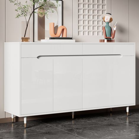 REDOM Zapatero 140x39x84 cm, 2 puertas y 2 cajones, estantes ajustables, tablero de partículas blanco, patas doradas