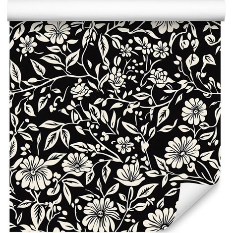 Papier peint Fleurs noires et blanches graphite, gris et noir 50x1000 cm (1/5)